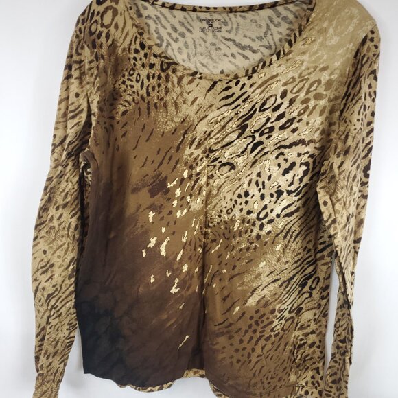Jones New York Sport Brown Tan Gold Animal Pring Long Slv Wide Neck Blouse Sz XL - Picture 2 of 9